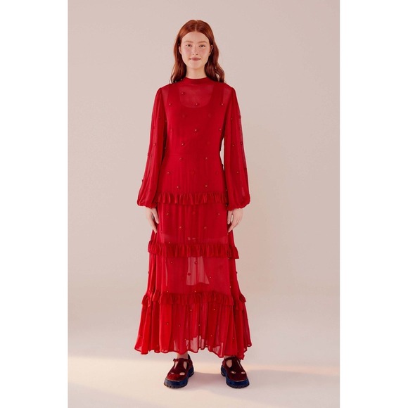 FARM Rio Dresses & Skirts - Farm Rio Maxi Dress Size XL Red Ruffle Long Sleeve Floral Appliqué Sheer Holiday